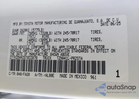 2025 Toyota Tacoma Sr из США, поврежденный, VIN 3TYKD5HN3ST033878